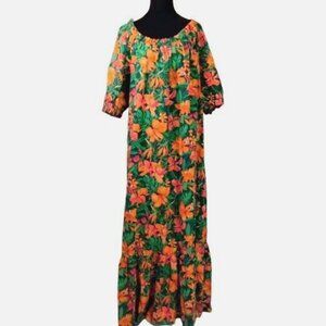 Vintage 80s Hilo Hattie Hawaiian Mumu Maxi Dress XL Hibiscus Ruffled Floral